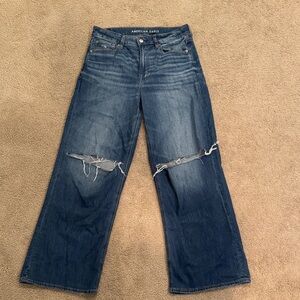 American Eagle Outfitters Distressed Wide Leg Jeans - Dark Blue